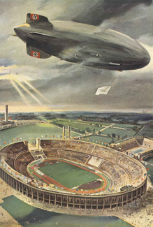 The Hindenburg zeppelin flying over Berlin and the Olympic Stadium